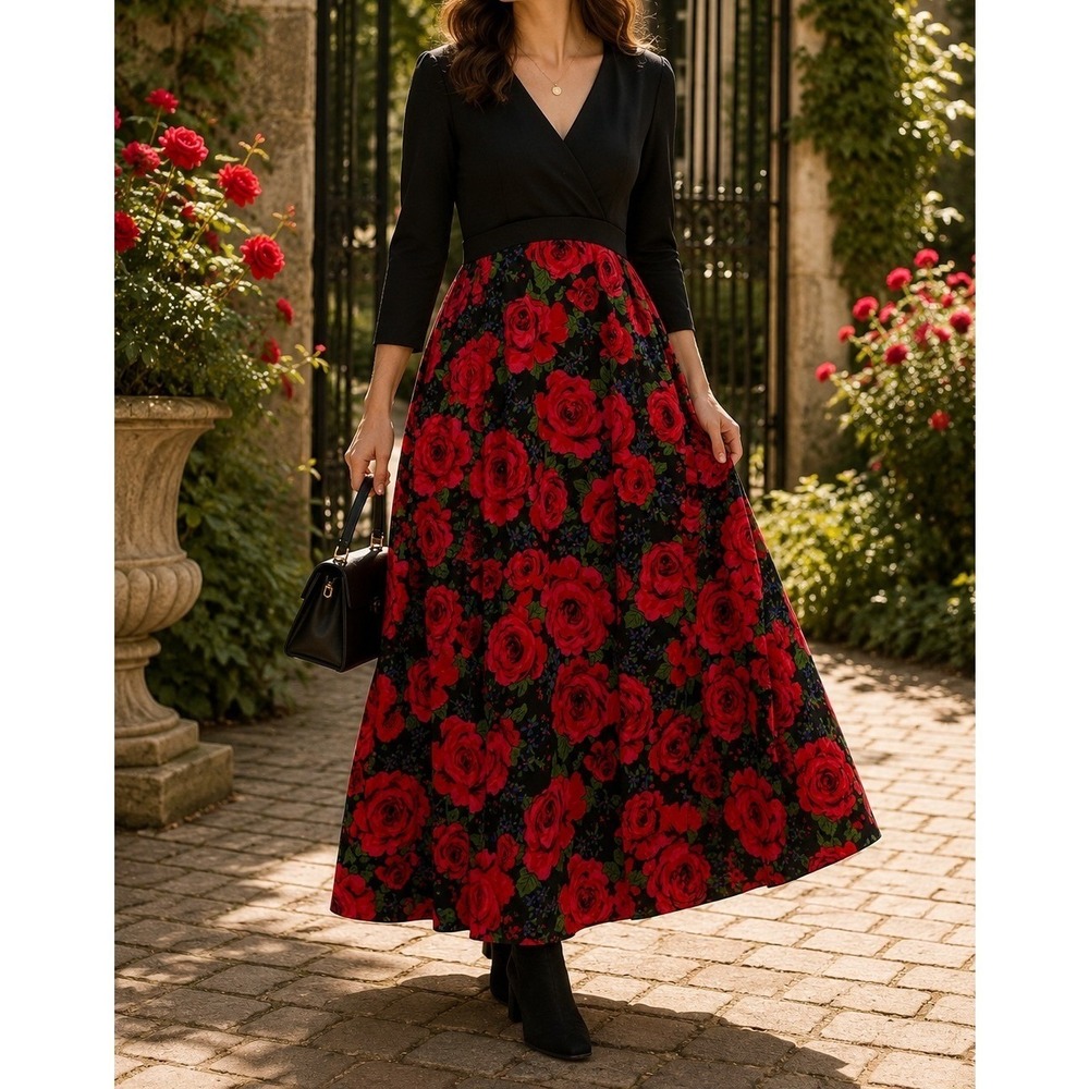 Vintage Barnsville Red Rose Floral Maxi Dress Black V-Neck Long Sleeve Medium